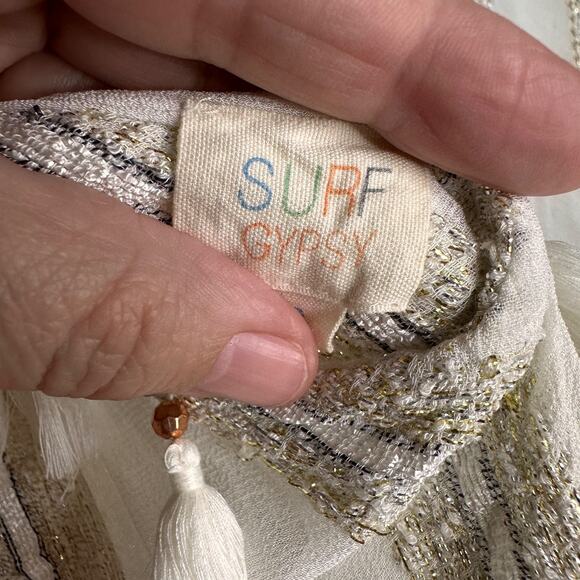 surf gypsy bohemian metallic lurex tassel tunic top s cream gold beach cover up - Picture 5 of 8